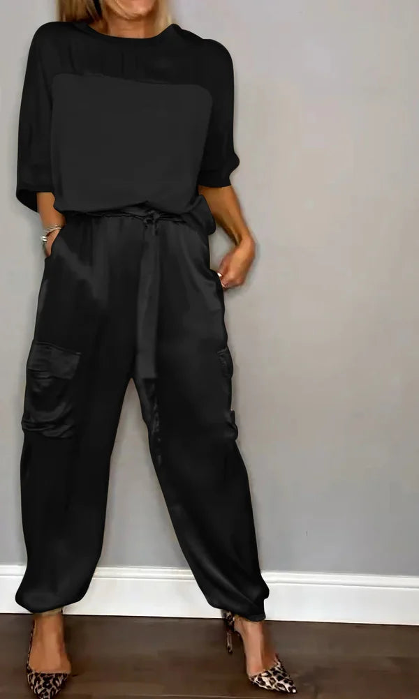👗Glattes Satin-Halbarm-Top und Hosen-Set💝