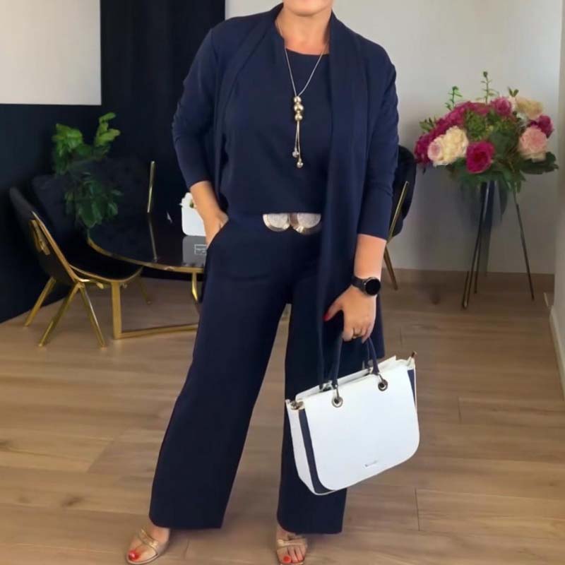 Elegantes 3-teiliges Set aus Longline-Cardigan, Top und Hose