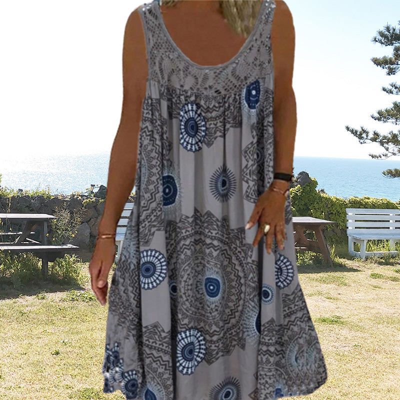 🔥Women Sommer O-Ausschnitt ärmelloses Kleid mit Druck