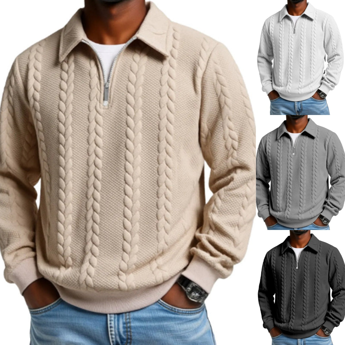 🎉 Neujahrsgeschenk – 50% RABATT!👕Klassischer Zopfmuster-Herrenpullover mit Halbreißverschluss: Reverskragen & Weiches Material – Zeitlos lässig für jeden Anlass!