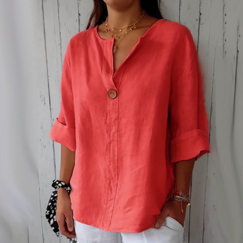 🌞Frühlingserwachen: 50% Rabatt!✨Damen Lockeres Baumwoll-Leinen V-Ausschnitt Shirt – Atmungsaktiv, Schmeichelhaft & Vielseitig