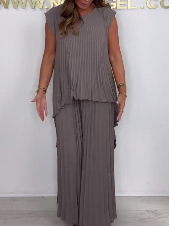 ✨60% Rabatt🌸Laney Set aus plissiertem, kurzärmligem, unregelmäßigem Midi-Top und Hose mit weitem Bein und elastischer Taille