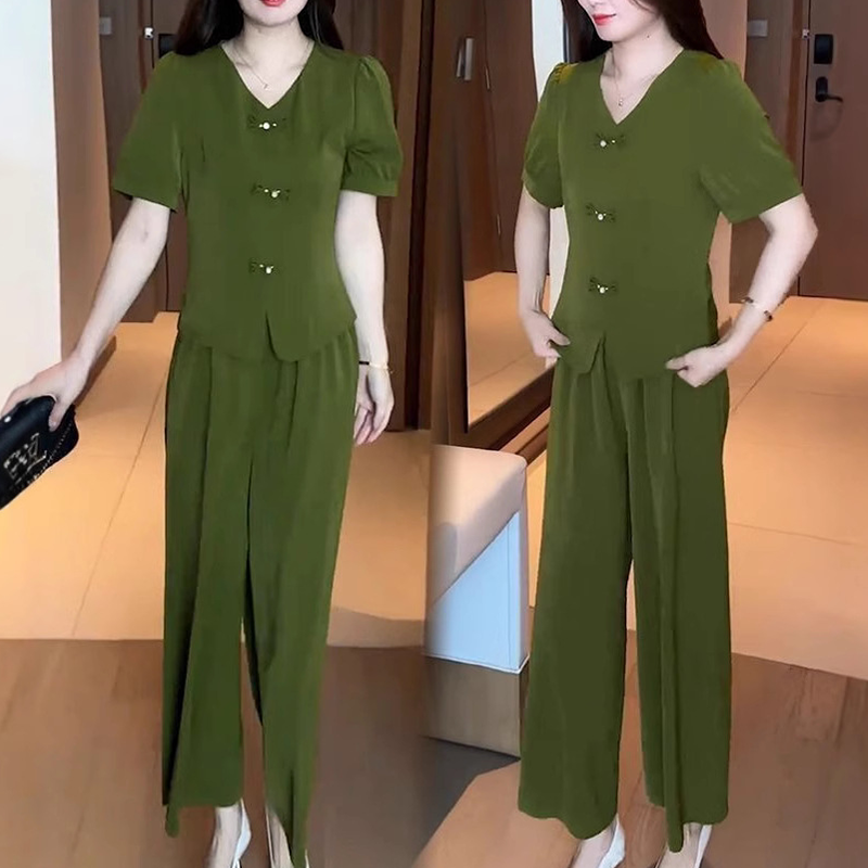 🌿✨Zweiteiliges Damen-Set aus kurzarm-Top mit V-Ausschnitt und weiter Hose💥💥Befristetes Angebot: 50% Rabatt auf Bestellungen