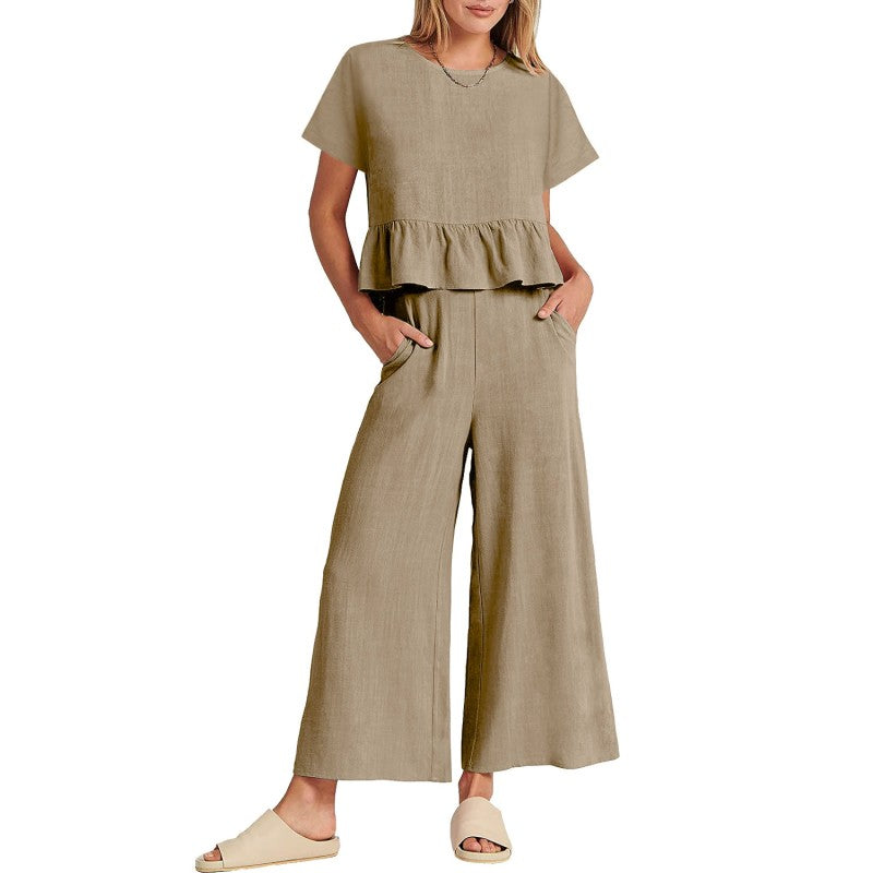Lässiges Damen-Top mit kurzen Ärmeln und Hose mit weitem Bein, 2-teiliges Set