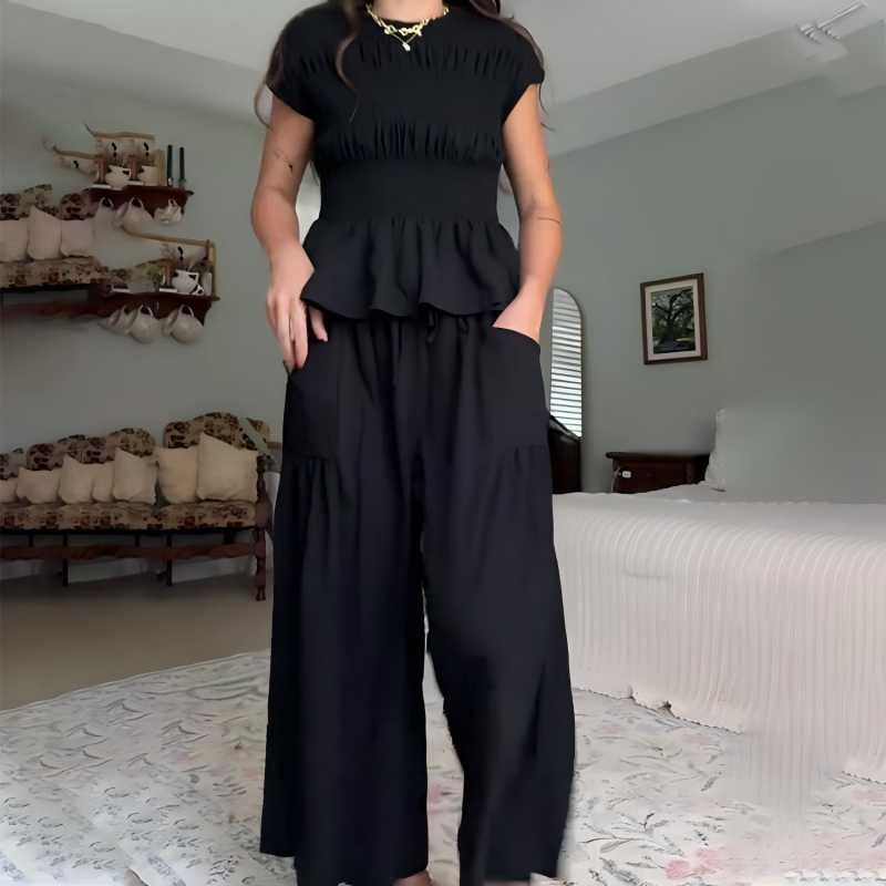 🌞Frühlingserwachen: 50% Rabatt!✨Damen Gesmoktes Zweiteiler Set – Weite Bein Hose & Strukturierte Bluse, Vielseitig für Büro & Alltag