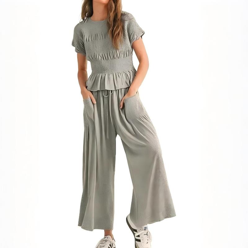 🌞Frühlingserwachen: 50% Rabatt!✨Damen Gesmoktes Zweiteiler Set – Weite Bein Hose & Strukturierte Bluse, Vielseitig für Büro & Alltag