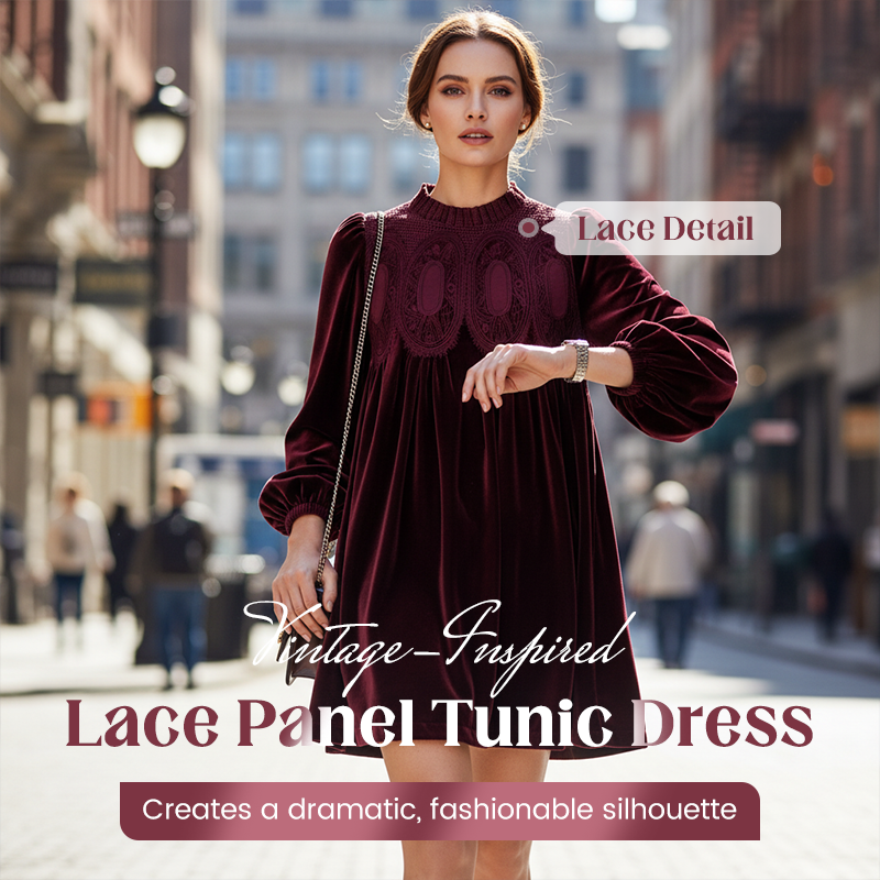 🎉 Neujahrsgeschenk – 50% RABATT!🌸 Vintage-Tunikakleid mit Spitzeneinsatz: A-Linie + Bischofsärmel – bequem elegant für Tag & Abend
