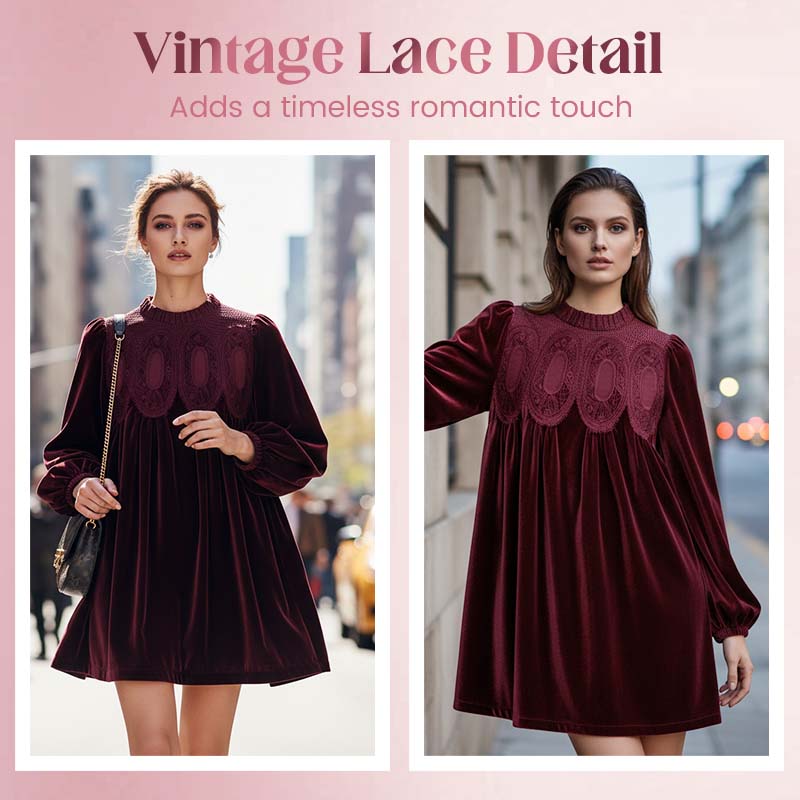 🎉 Neujahrsgeschenk – 50% RABATT!🌸 Vintage-Tunikakleid mit Spitzeneinsatz: A-Linie + Bischofsärmel – bequem elegant für Tag & Abend