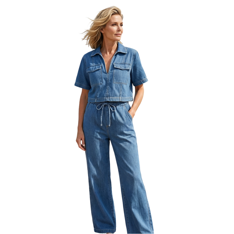 🎉 Neujahrsgeschenk – 50% RABATT!👖 Lässiges Denim-Zweiteiler-Set für Damen: Crop-Top + Weite Hose – bequem & stylisch für jeden Anlass!