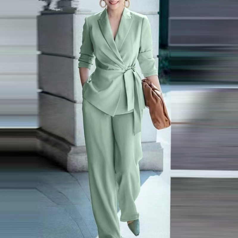🌞Frühlingserwachen: 50% Rabatt!👔 Damen Eleganter Hosenanzug: Blazer mit Bindegürtel + Weitbeinhose – Bequem, stylisch & vielseitig für Büro & Events