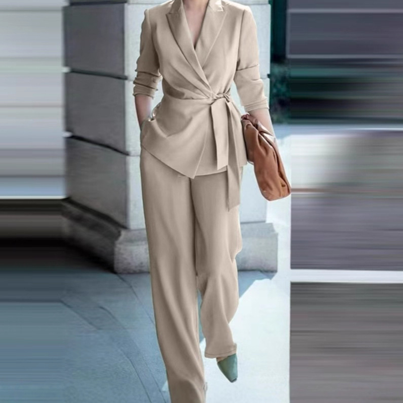🌞Frühlingserwachen: 50% Rabatt!👔 Damen Eleganter Hosenanzug: Blazer mit Bindegürtel + Weitbeinhose – Bequem, stylisch & vielseitig für Büro & Events