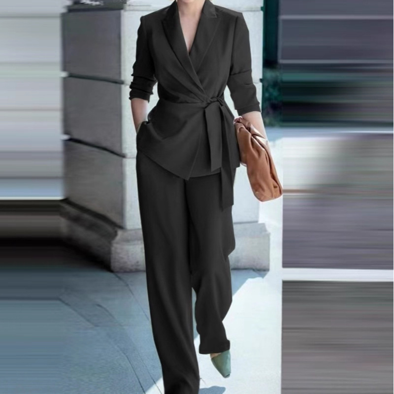 🌞Frühlingserwachen: 50% Rabatt!👔 Damen Eleganter Hosenanzug: Blazer mit Bindegürtel + Weitbeinhose – Bequem, stylisch & vielseitig für Büro & Events