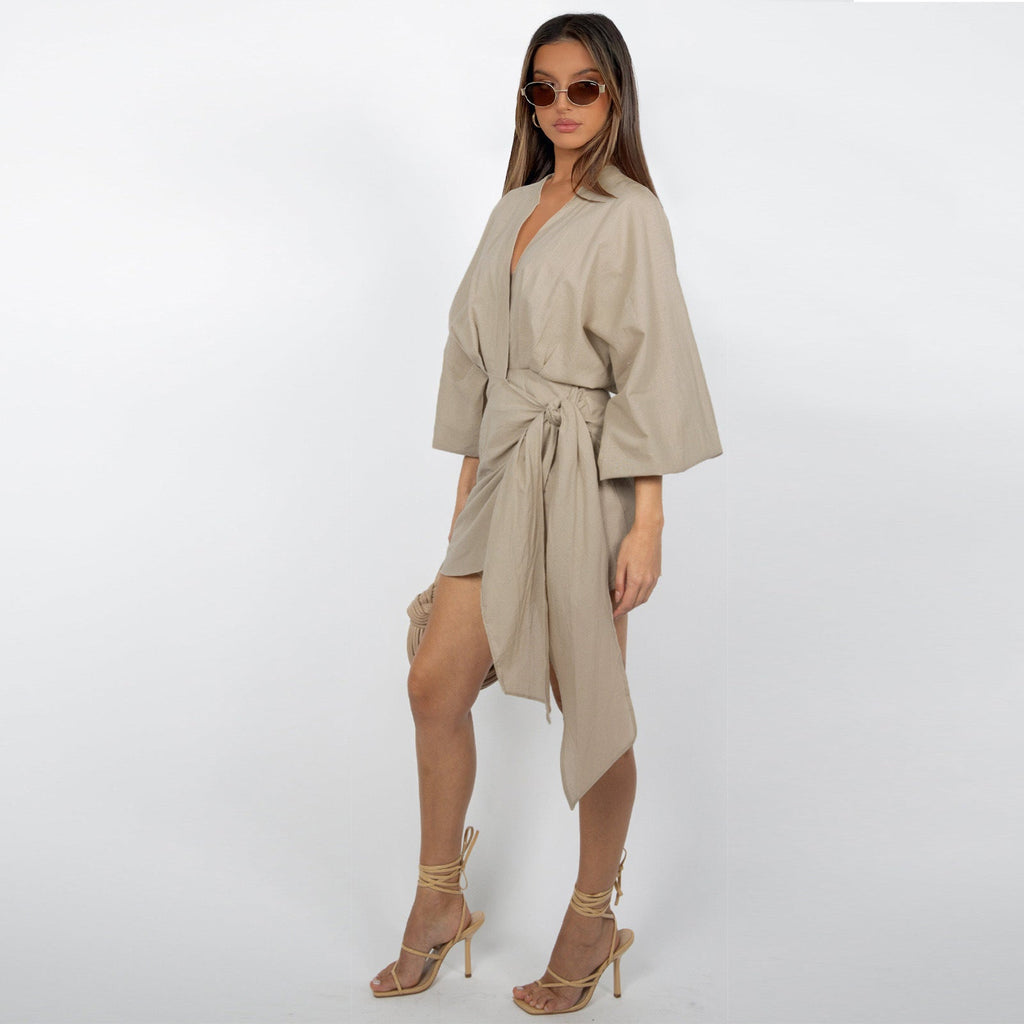 🌞Frühlingserwachen: 50% Rabatt!🔥 Damen Wickelkleid mit V-Ausschnitt & Kimono-Ärmeln – Figurbetontes Knotendetail, atmungsaktiv & vielseitig kombinierbar