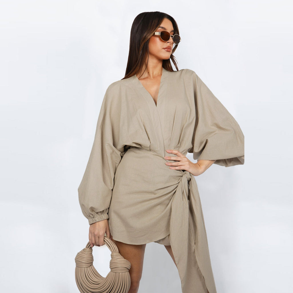🌞Frühlingserwachen: 50% Rabatt!🔥 Damen Wickelkleid mit V-Ausschnitt & Kimono-Ärmeln – Figurbetontes Knotendetail, atmungsaktiv & vielseitig kombinierbar