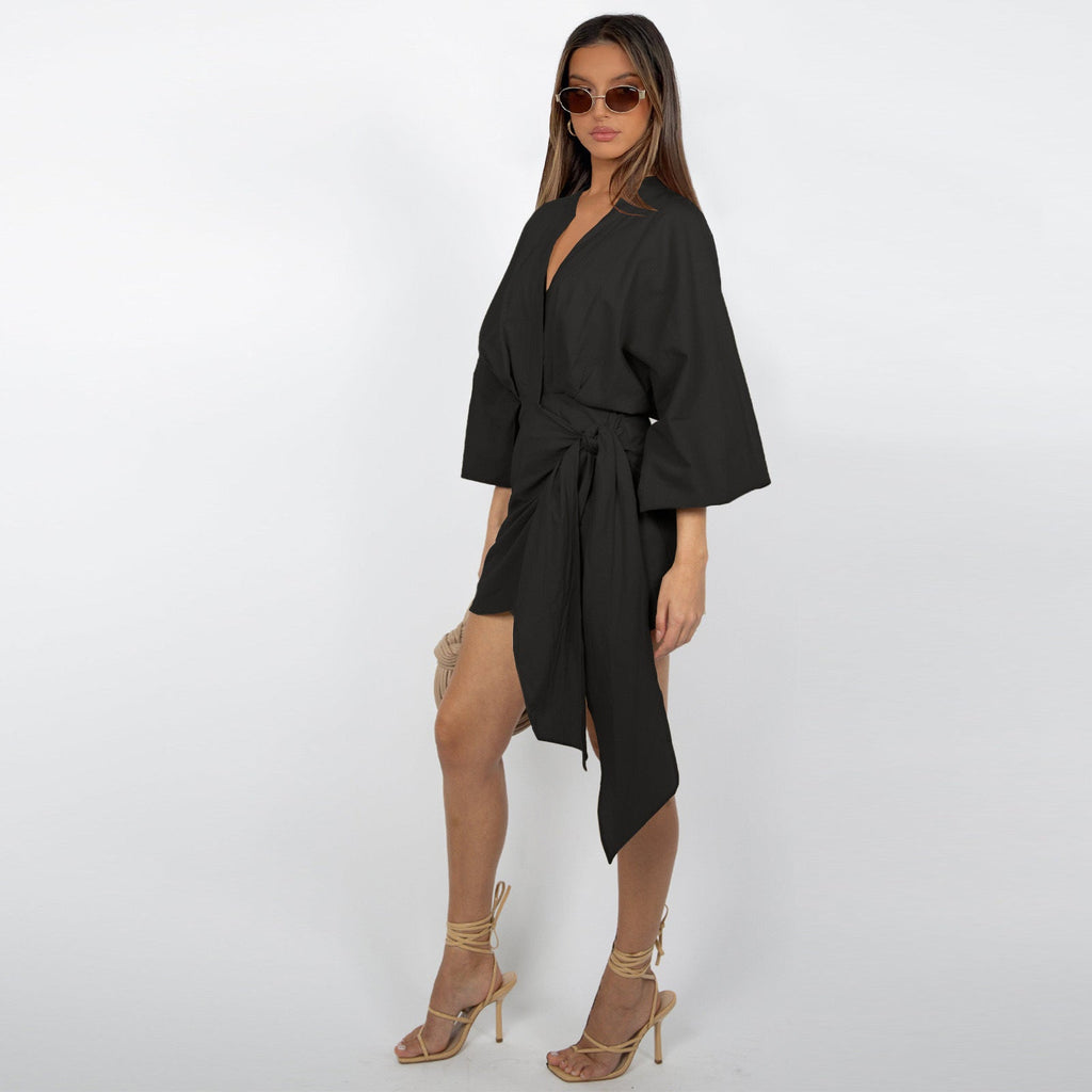 🌞Frühlingserwachen: 50% Rabatt!🔥 Damen Wickelkleid mit V-Ausschnitt & Kimono-Ärmeln – Figurbetontes Knotendetail, atmungsaktiv & vielseitig kombinierbar