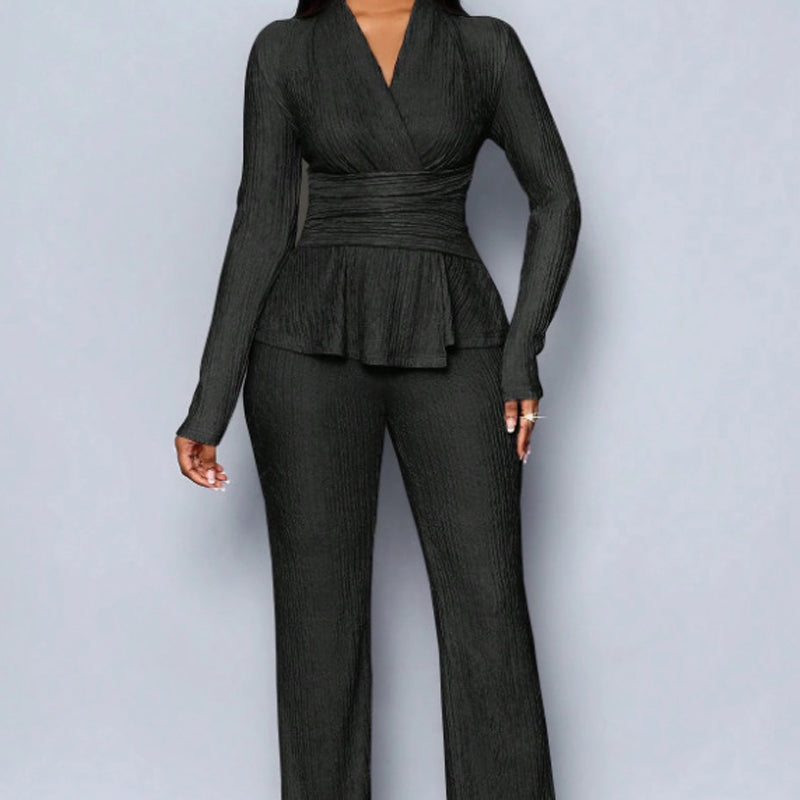 🌞Frühlingserwachen: 50% Rabatt!✨Damen 2-teiliges Peplum-Set – Crossover-V-Ausschnitt & Wickelgürtel, Strukturierter Stoff für Sanduhr-Silhouette