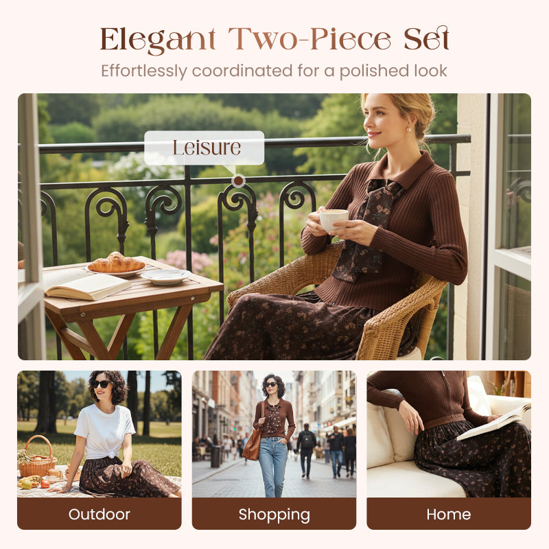 🌞Frühlingserwachen: 50% Rabatt!👗 Damen 2-Teilig Set – Rippstrickoberteil & Florales Maxiroch mit Krawatte