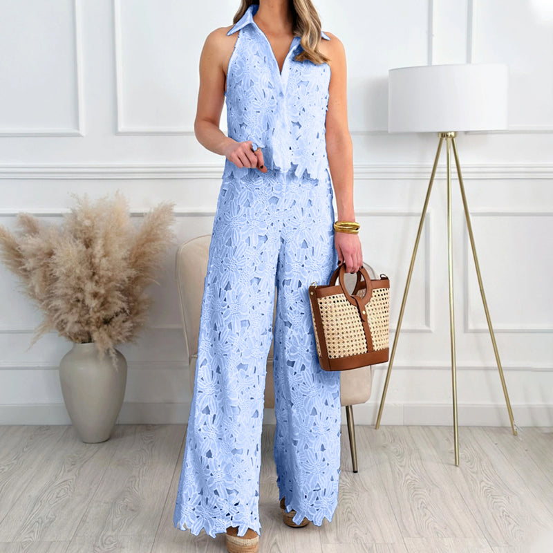 🌞Frühlingserwachen: 50% Rabatt!✨Damen Elegantes Spitzen-Zweiteiler – Halterneck-Oberteil & Weite Hose, Atmungsaktiv & Vielseitig