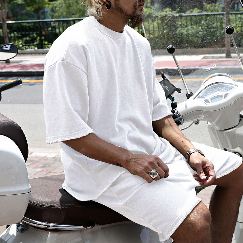 🌞Frühlingserwachen: 50% Rabatt!💎2-Teiler Herren Urban Set: Oversized Kurzarm-Sweatshirt & Shorts mit Raw-Edges